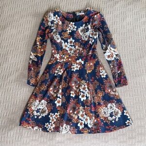 Women's Navy Floral Fit-and-Flare Midi Dress with Long Sleeves